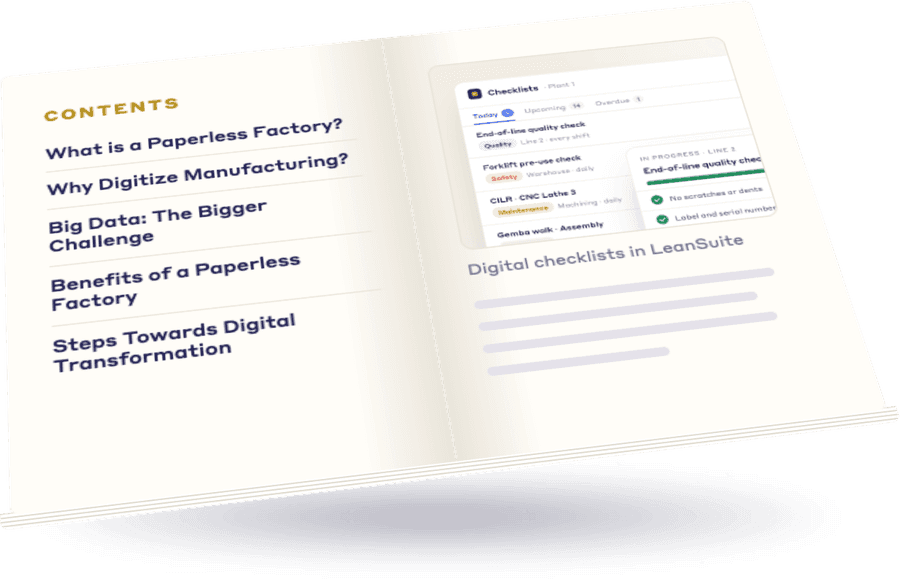 Open e-book "Digitization in Manufacturing: No Longer a 'Nice to Have'" showing its contents and LeanSuite digital checklists