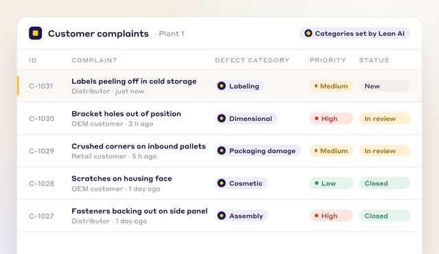 Customer complaints list where Lean AI has set each defect category, such as labeling, dimensional and packaging damage