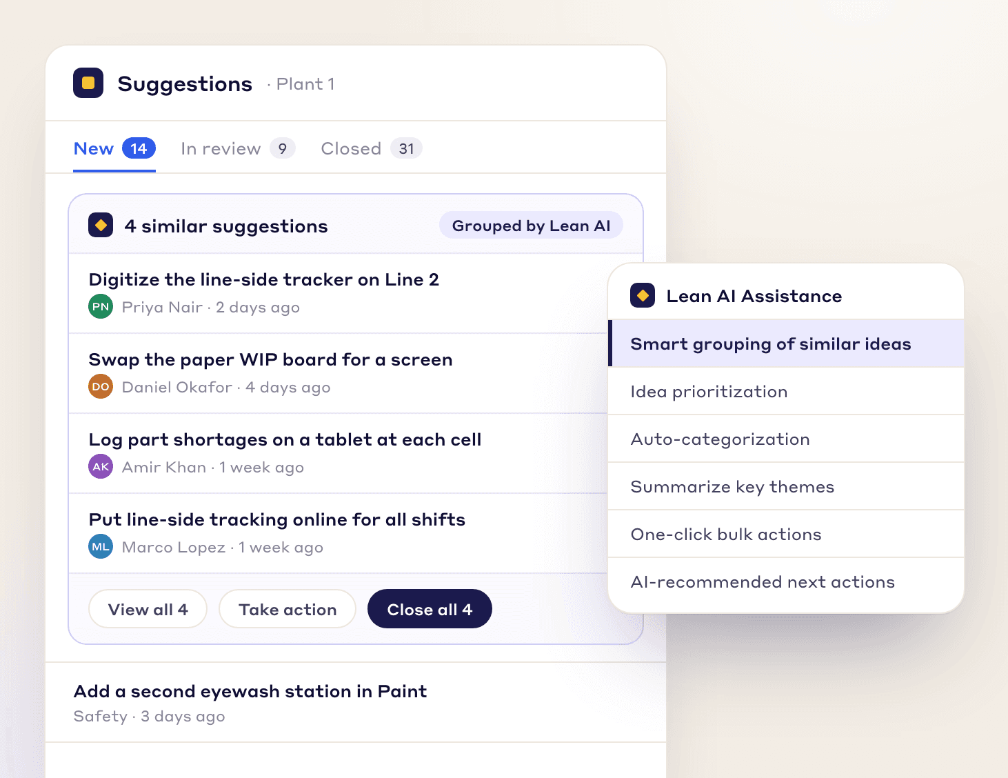 Lean AI grouping 4 similar suggestions about line-side tracking so they can be viewed, acted on or closed together