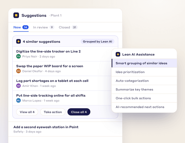 Lean AI grouping 4 similar suggestions about line-side tracking so they can be viewed, acted on or closed together