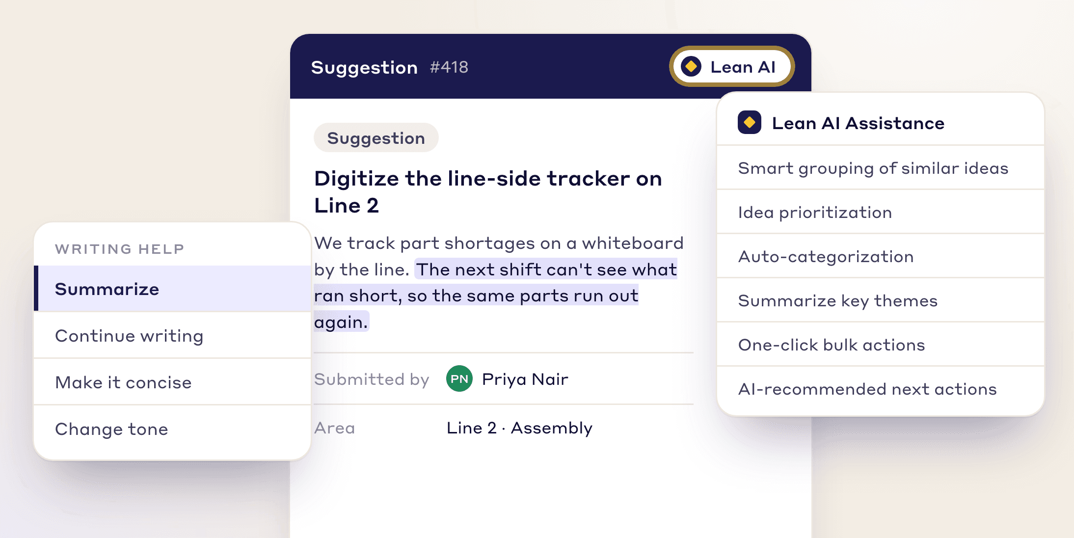 A suggestion with Lean AI writing help (summarize, make concise, change tone) and options to group and prioritize ideas