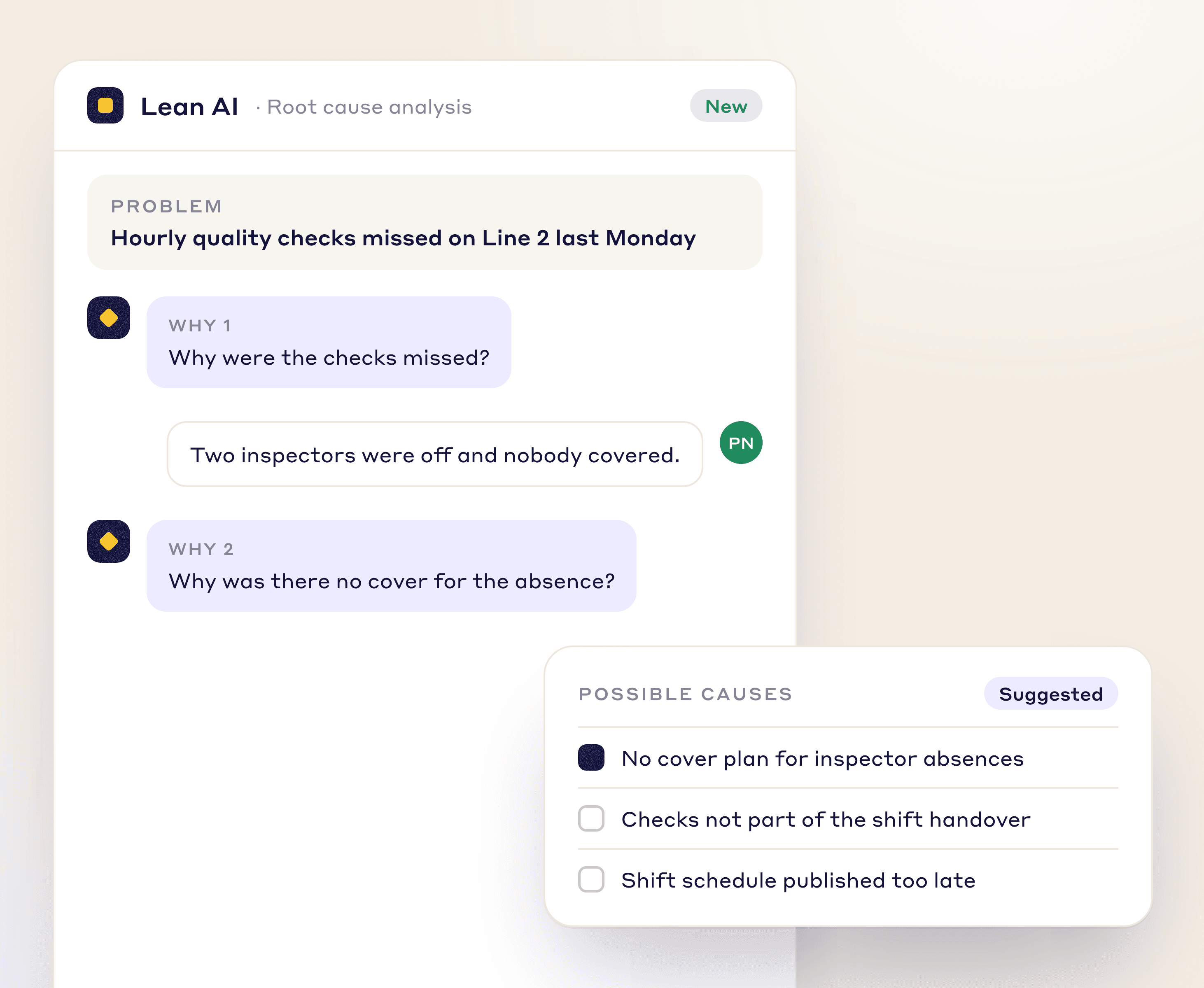 Lean AI working through why hourly checks were missed on Line 2 and suggesting causes, such as no cover plan for absences
