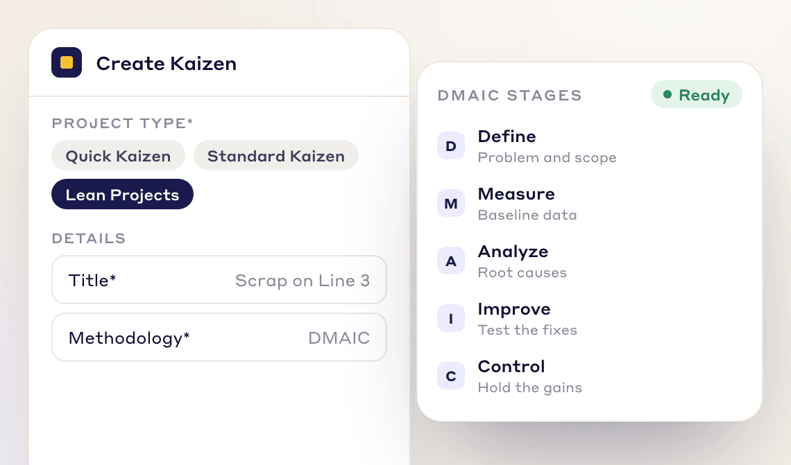 Create Kaizen form for a Lean Project on scrap on Line 3 using DMAIC: Define, Measure, Analyze, Improve, Control