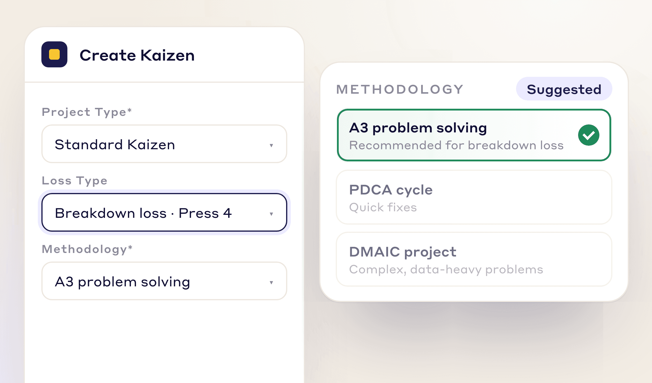 Create Kaizen form with a breakdown loss selected and A3 problem solving, PDCA and DMAIC offered as methodologies