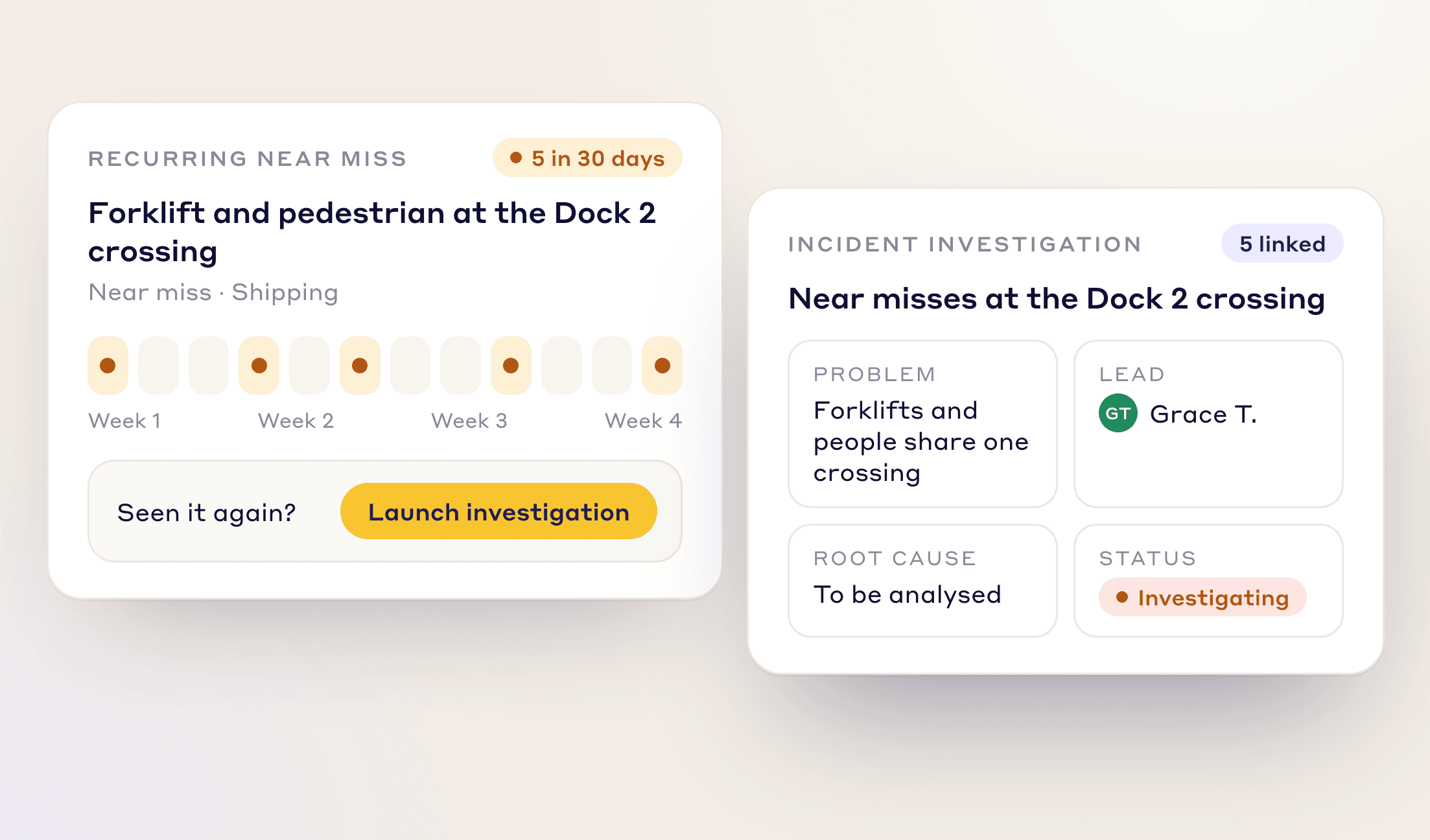 Near miss reported five times in 30 days at the Dock 2 crossing, launched as an incident investigation