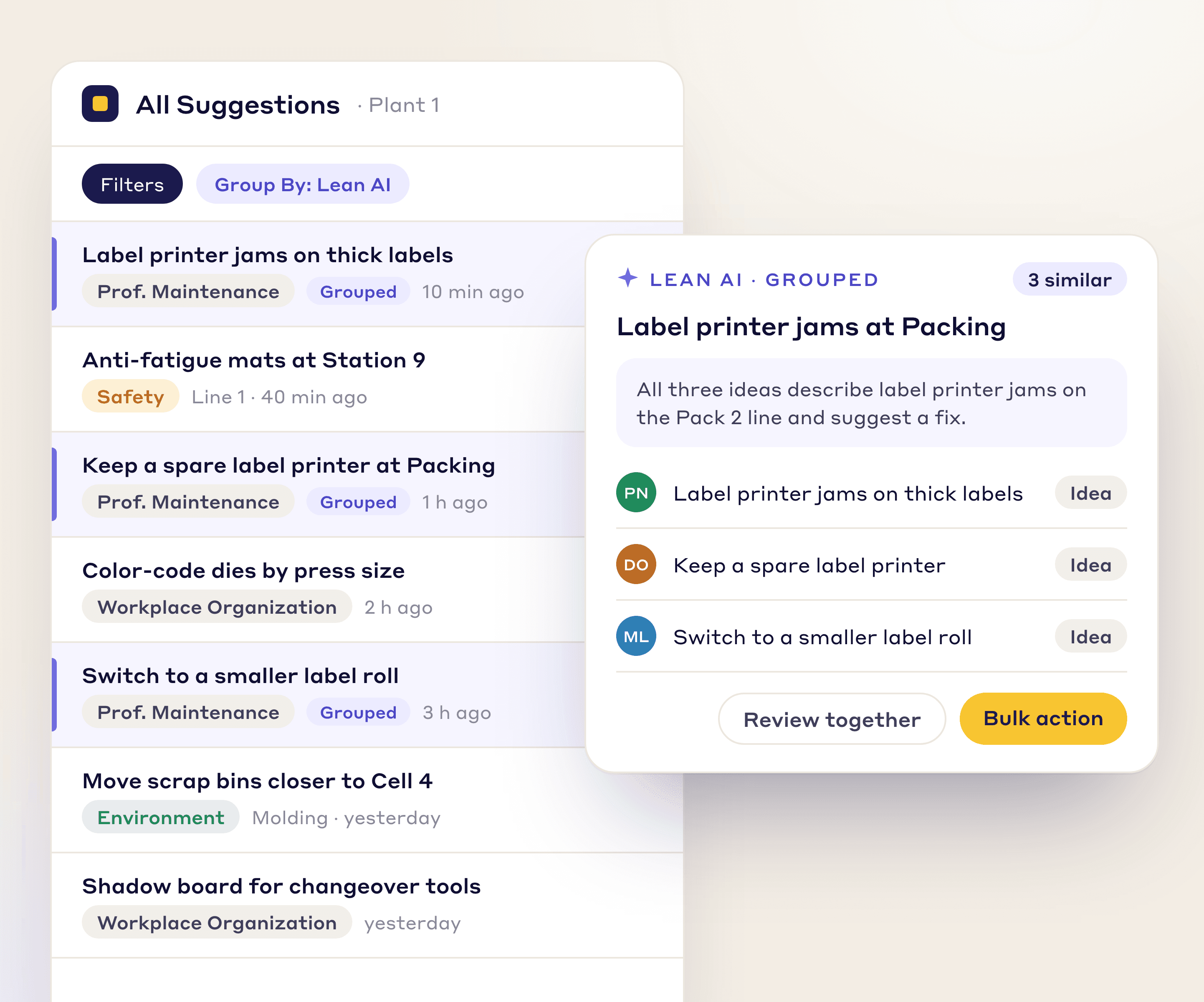 Lean AI grouping three suggestions about label printer jams at Packing so they can be reviewed together or bulk actioned