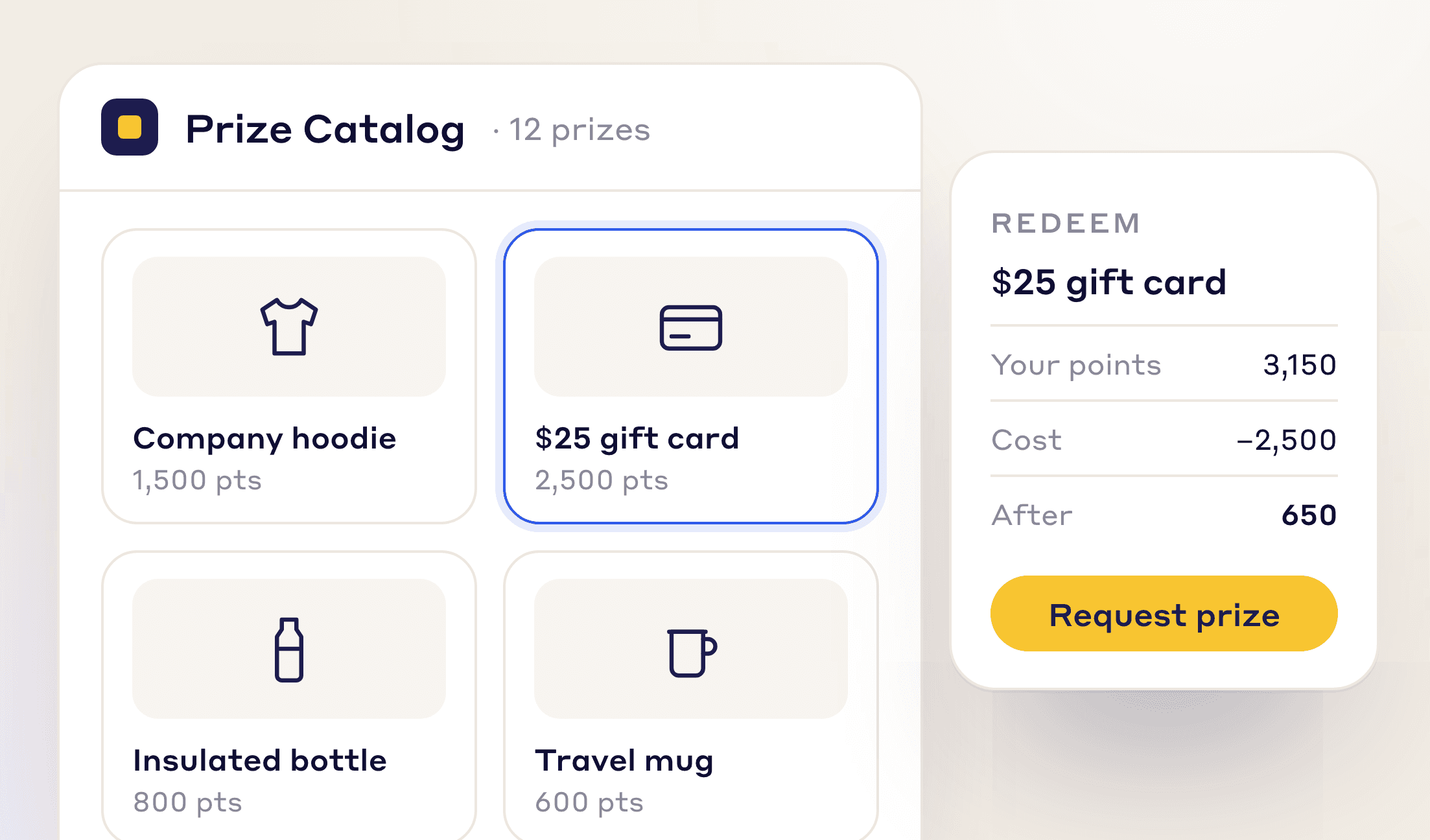 Prize catalog of 12 prizes priced in points, with a $25 gift card being redeemed for 2,500 of an employee's 3,150 points