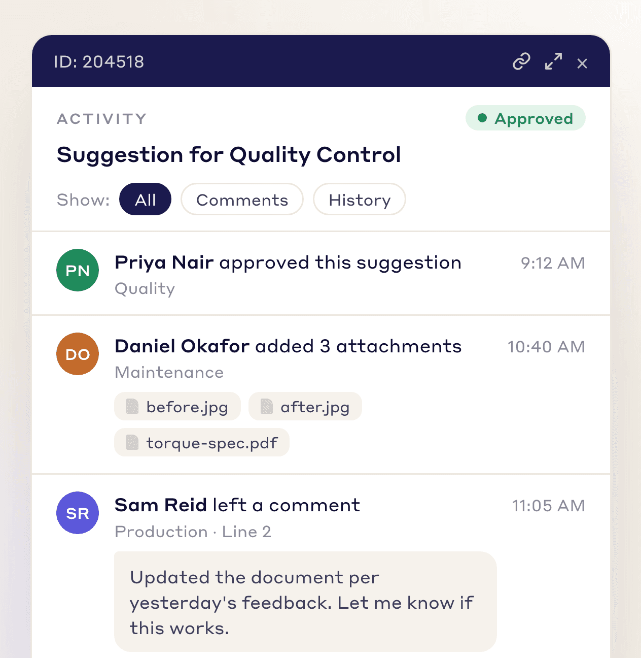 Suggestion activity feed: approved by Quality, three attachments added by Maintenance and a comment from Production