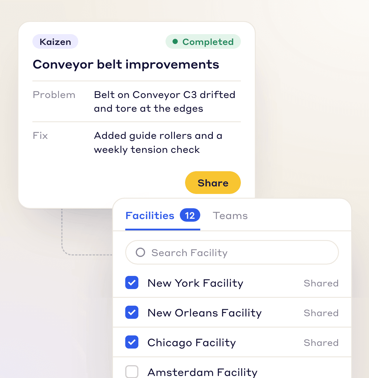 A completed Kaizen, conveyor belt improvements, being shared to three other facilities