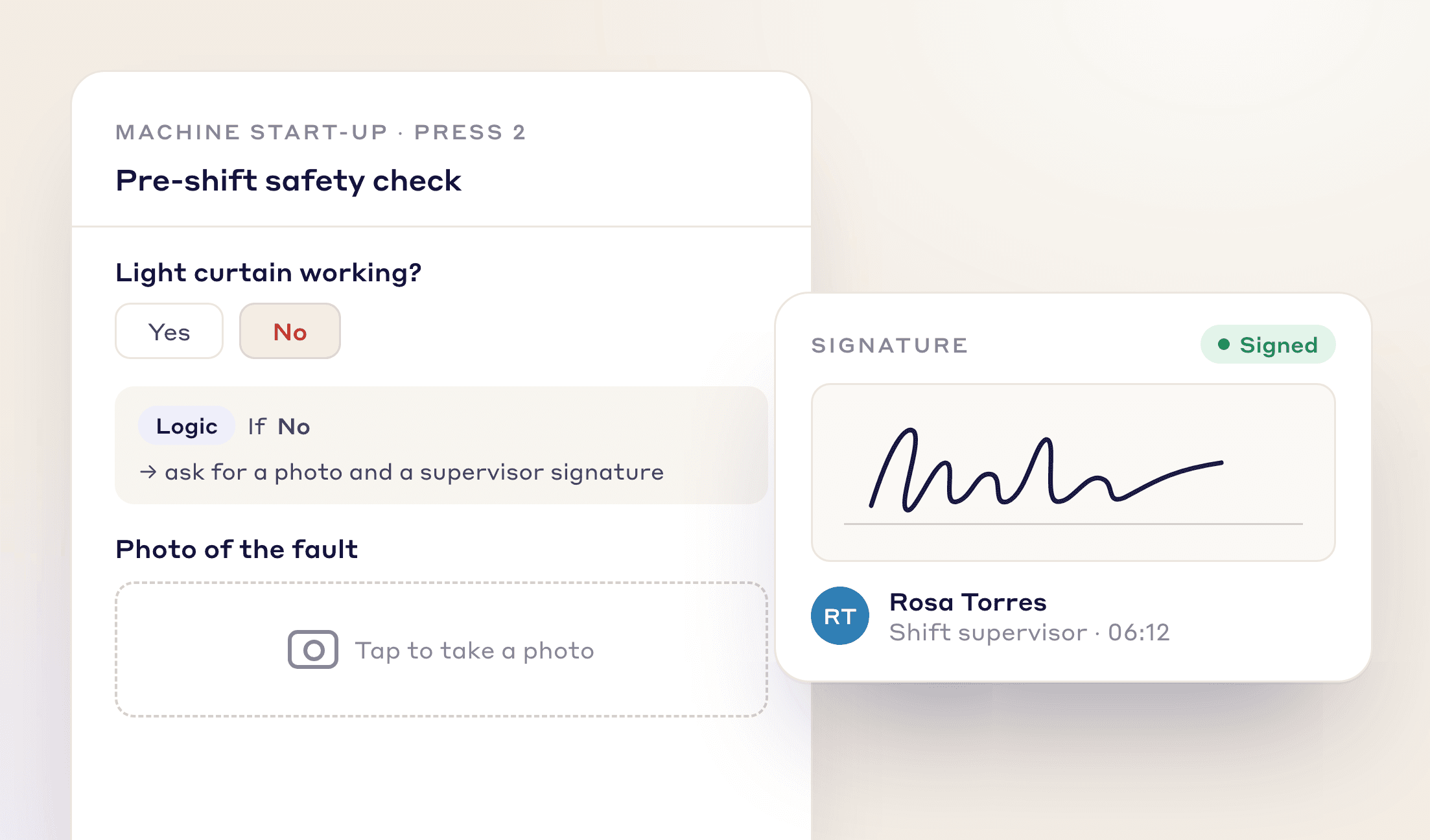 Safety check where a No answer asks for a photo and a supervisor signature
