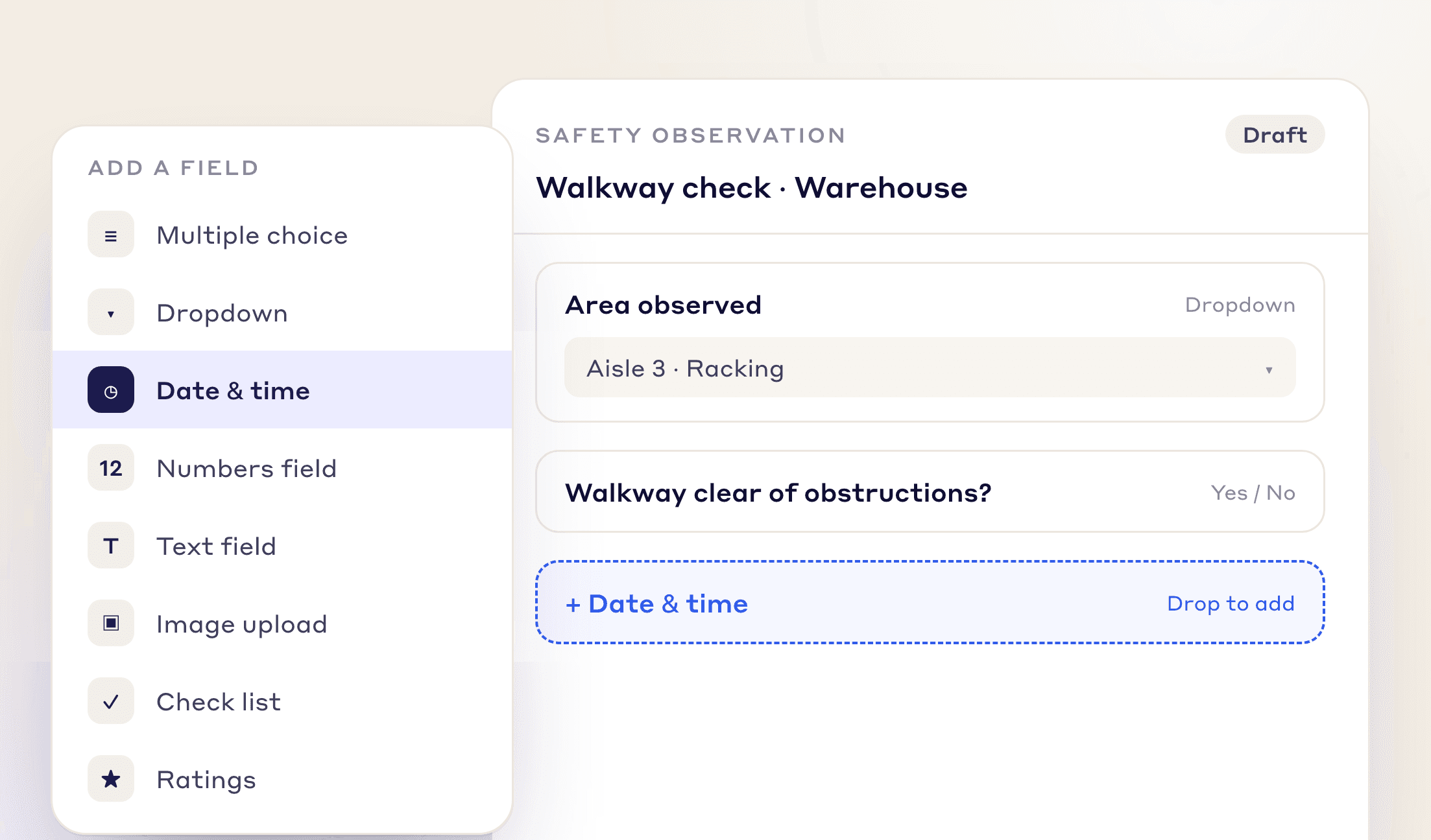 Field types (dropdown, date, number, text, image, check list, rating) next to a safety observation form built from them