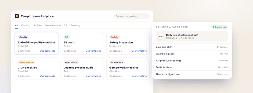 Template marketplace of quality, 5S, safety, maintenance and operations templates, next to a paper form made digital