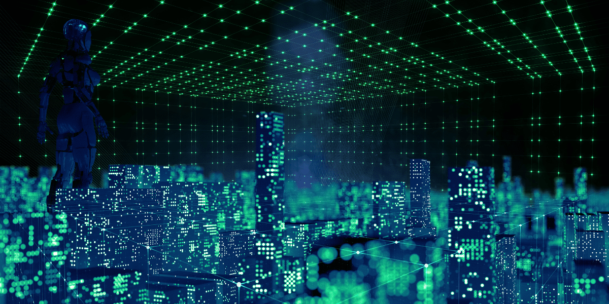 A digital rendering of a blue robot standing over a futuristic cityscape. The city and sky are made of glowing blue and green data points and light grids.