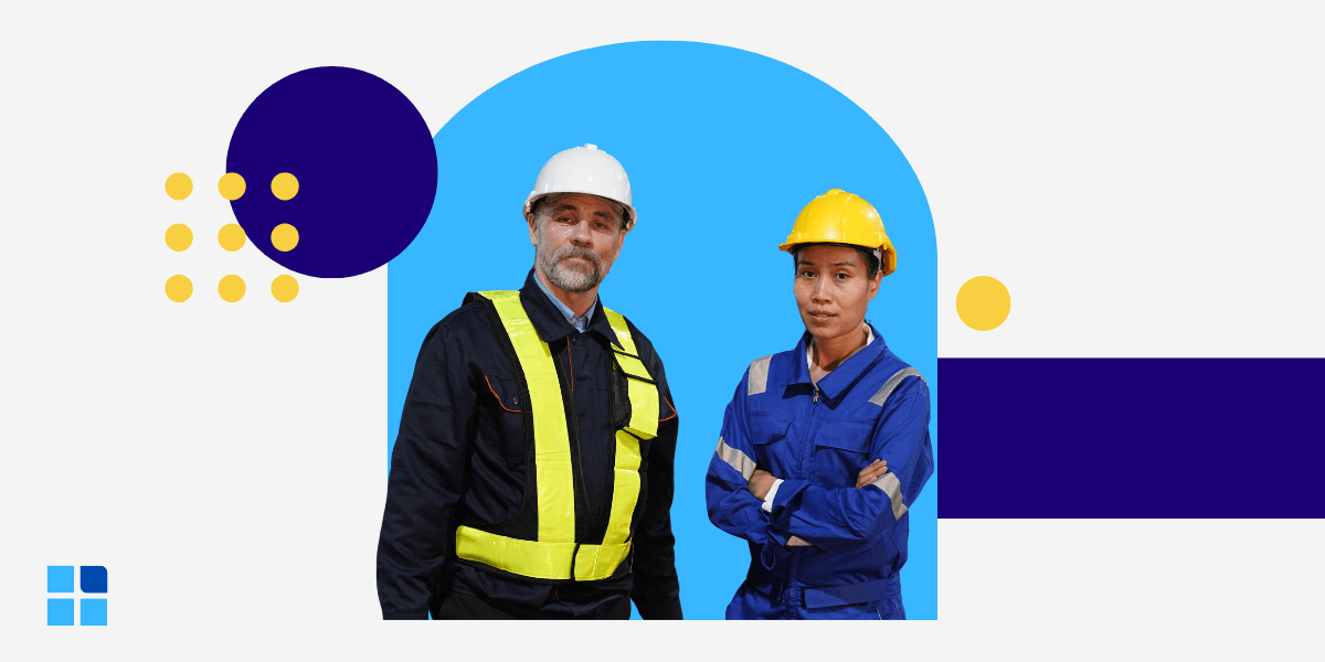 Two workers in safety gear, a man and a woman, stand confidently against a blue background.