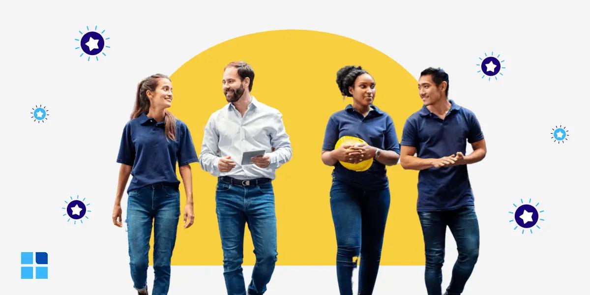 4 people in casual attire, smiling and walking together against a backdrop of a yellow half-circle.