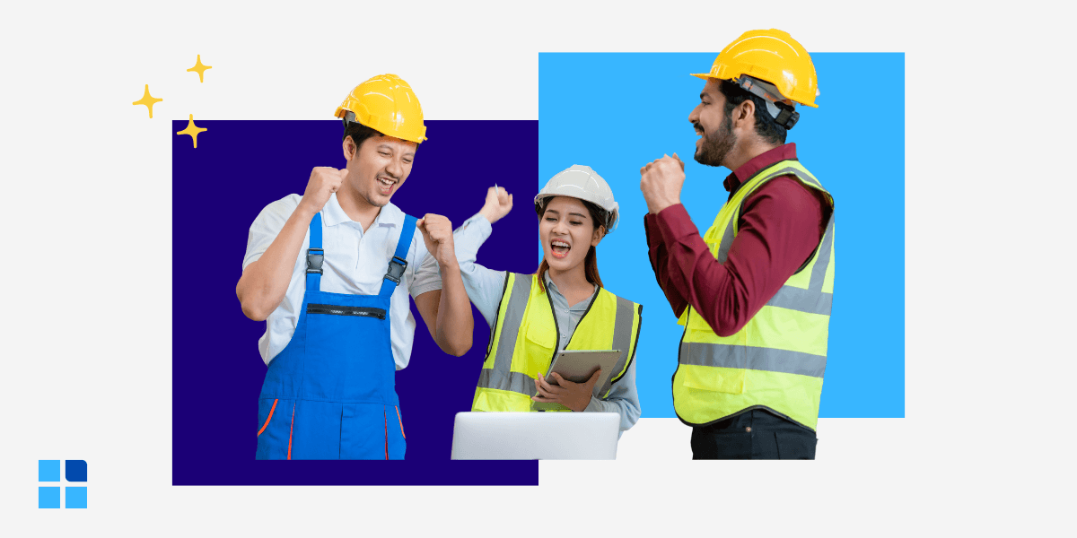 Three construction workers wearing helmets and safety vests celebrate with raised fists and smiles.