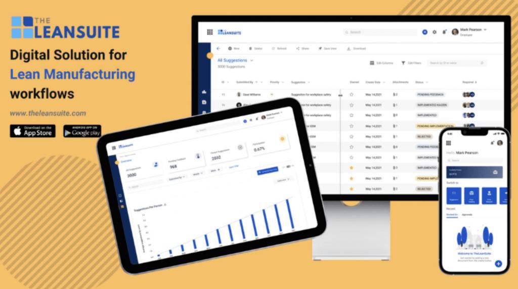 LeanSuite's AI-powered lean manufacturing software displayed on key digital screens.