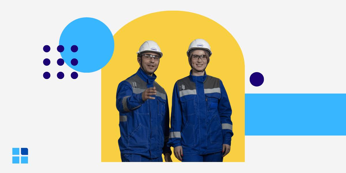 Two industrial workers in blue uniforms and white hard hats stand confidently against a yellow and blue graphic background.