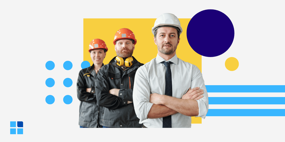 A confident man in a white hard hat and tie stands in front, arms crossed.