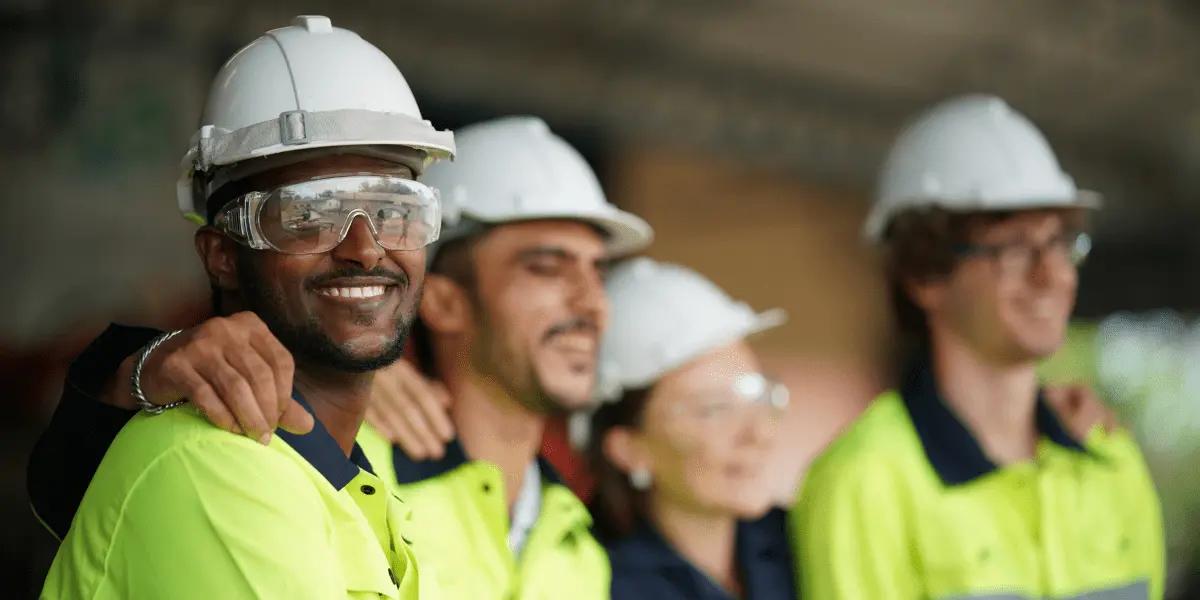 Four construction workers wearing safety helmets and high-visibility jackets stand closely together.