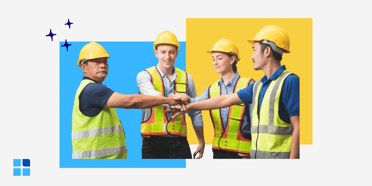 4 construction workers wearing hard hats and reflective vests bump fists in a gesture of teamwork.