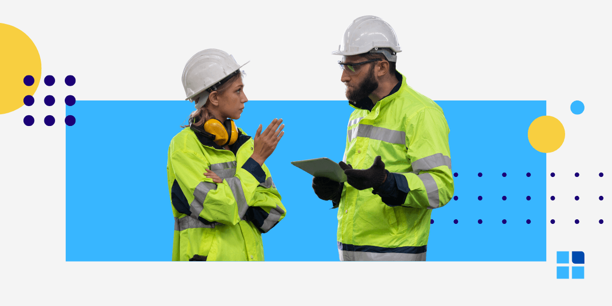 Two engineers discussing a project, illustrating the 5W1H method for problem-solving and analysis.