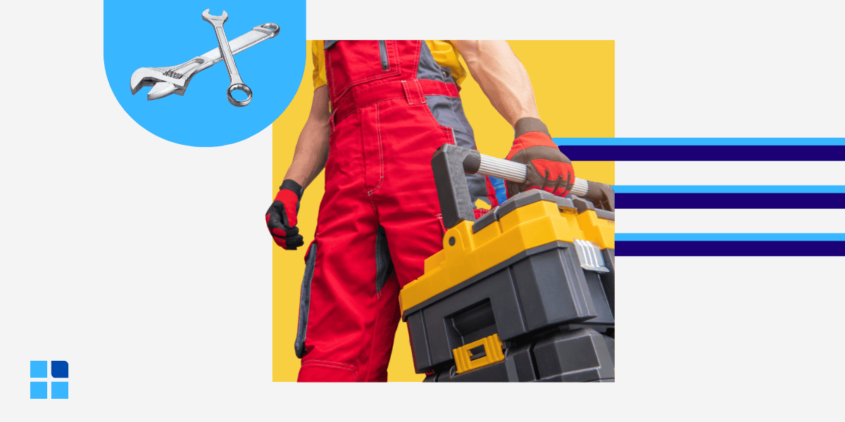 A maintenance worker in red overalls holds a yellow and black toolbox, set against graphic elements including a blue circle with wrenches.