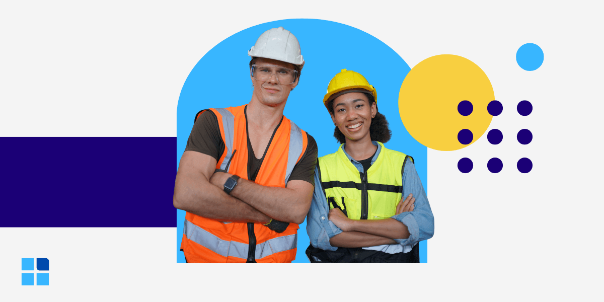 A male and a female industrial worker with hard hats and safety vests stand confidently with their arms crossed.