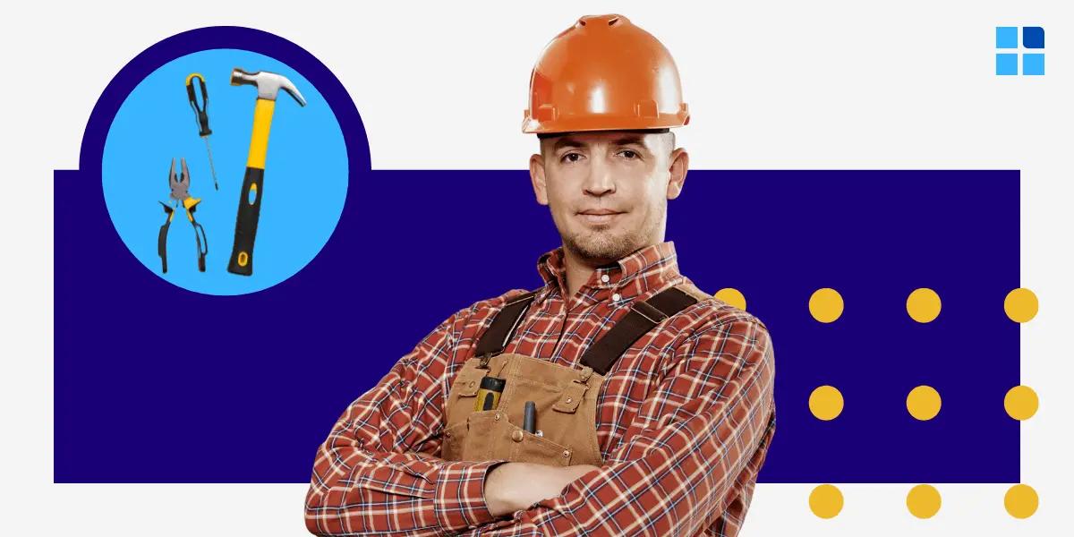 A construction worker in orange hard hat and brown overalls stands confidently, arms crossed.