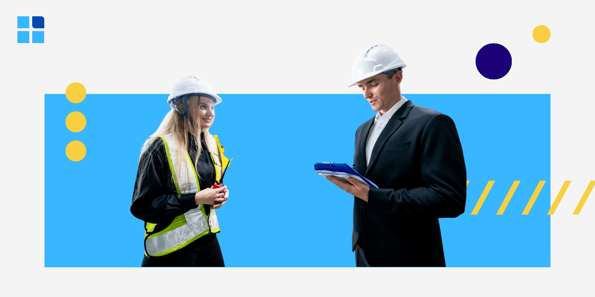 A man in a suit and a woman in a safety vest, both in hard hats, stand on a blue background.