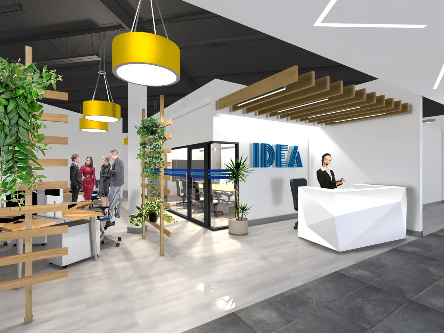 Modern office reception area with the "IDEA" logo,and employees in an open workspace.